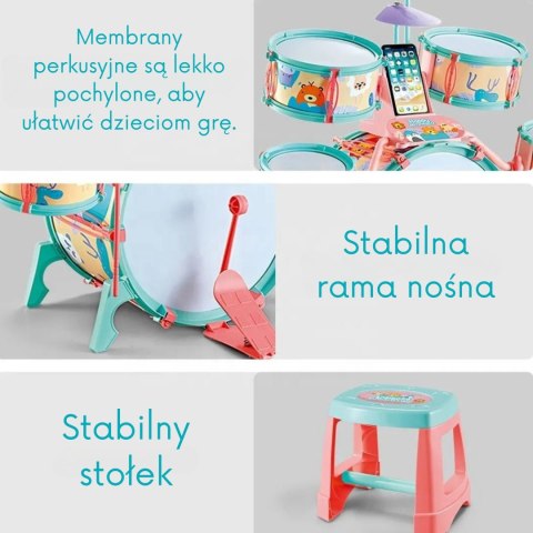 WOOPIE Perkusja Edukacyjna dla Dzieci 5 Bębnów 1 Talerz + Taboret z Motywem Zwierzątek WOOPIE Perkusja Edukacyjna dla Dzieci 5 Bębnów 1 Talerz + Taboret z Motywem Zwierzątek
