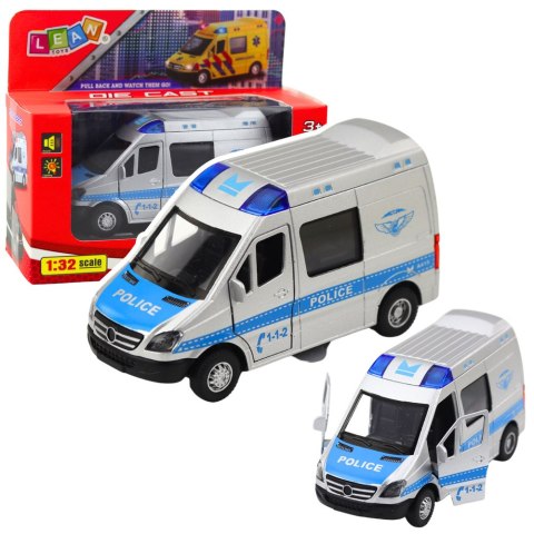 LEAN Toys Samochód Policyjny Metalowy Z Napędem Pull Back Światła Dźwięki 1:32