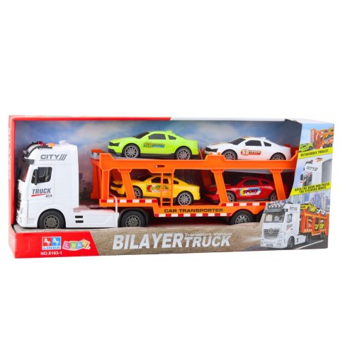 LEAN Toys Zestaw Ciężarówka Lora Laweta 4 Autka Otwierane Drzwi Światła Dźwięki LEAN Toys Zestaw Ciężarówka Lora Laweta 4 Autka Otwierane Drzwi Światła Dźwięki
