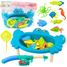 LEAN Toys Zestaw Do Łowienia Rybek Stolik Krab 10 Rybek Wędka Sitko Niebieski