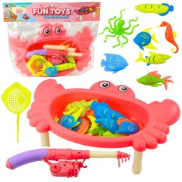 LEAN Toys Zestaw Do Łowienia Rybek Stolik Krab 10 Rybek Wędka Sitko Różowy