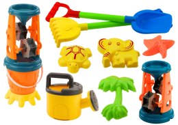 LEAN Toys Zestaw Do Piasku Młynek Łopatka Grabki Konewka Foremki Wiaderko 10 el.