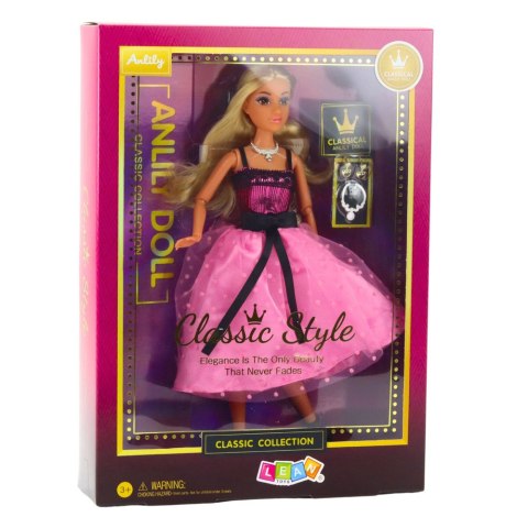 LEAN Toys Lalka Anlily W Różowej Sukience Z Czarną Kokardą Kolczyki Naszyjnik LEAN Toys Lalka Anlily W Różowej Sukience Z Czarną Kokardą Kolczyki Naszyjnik