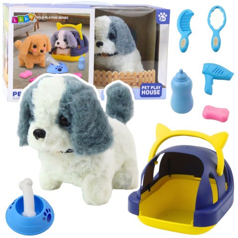 LEAN Toys Pies Interaktywny Pluszowy Chodzi Szczeka Transporter Akcesoria Szaro-Biały