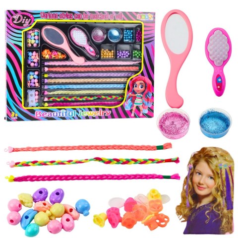 LEAN Toys Zestaw Piękności do Stylizacji Włosów Warkocze Koraliki Brokat Szczotka