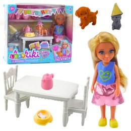 LEAN Toys Zestaw Urodzinowy Lalka Zwierzęta Pies Kot Stół Akcesoria