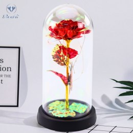 LEAN Wieczna Róża W Szle Kryształowa Oświetlenie LED Motylek Czerwona 21x11cm