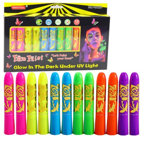 LEAN Zestaw Do Malowania Twarzy Pisaki Kredki Neonowe UV Fluorescencyjne 12szt LEAN Zestaw Do Malowania Twarzy Pisaki Kredki Neonowe UV Fluorescencyjne 12szt