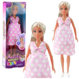 LEAN Toys Lalka Anlily W Ciąży Jasno Różowa W Kropki Sukienka Długie Włosy