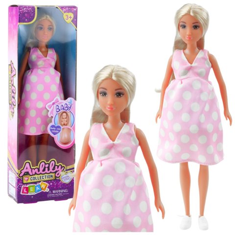LEAN Toys Lalka Anlily W Ciąży Jasno Różowa W Kropki Sukienka Długie Włosy LEAN Toys Lalka Anlily W Ciąży Jasno Różowa W Kropki Sukienka Długie Włosy