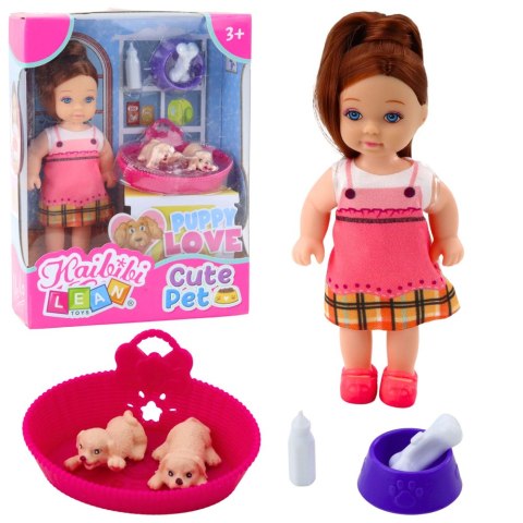 LEAN Toys Zestaw Mini Laleczka Z Dwoma Szczeniaczkami Legowisko Miska Butelka LEAN Toys Zestaw Mini Laleczka Z Dwoma Szczeniaczkami Legowisko Miska Butelka